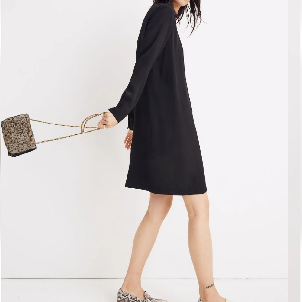 Madewell Heather Long-Sleeve Button-Front Dress Black Size Med LBD